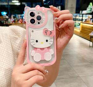 Cute Cartoon Case for iPhone 12 Pro Max 6.7 inch, 3D Bow | Glitter Face Makeup Mirror | Soft Silicone Cover | Kawaii Pink Cat Design | For Women Girls